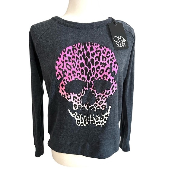NWT CHASER Revolve Breck Neon Skull Pullover Top Sweatshirt - Sz Small - Picture 2 of 5